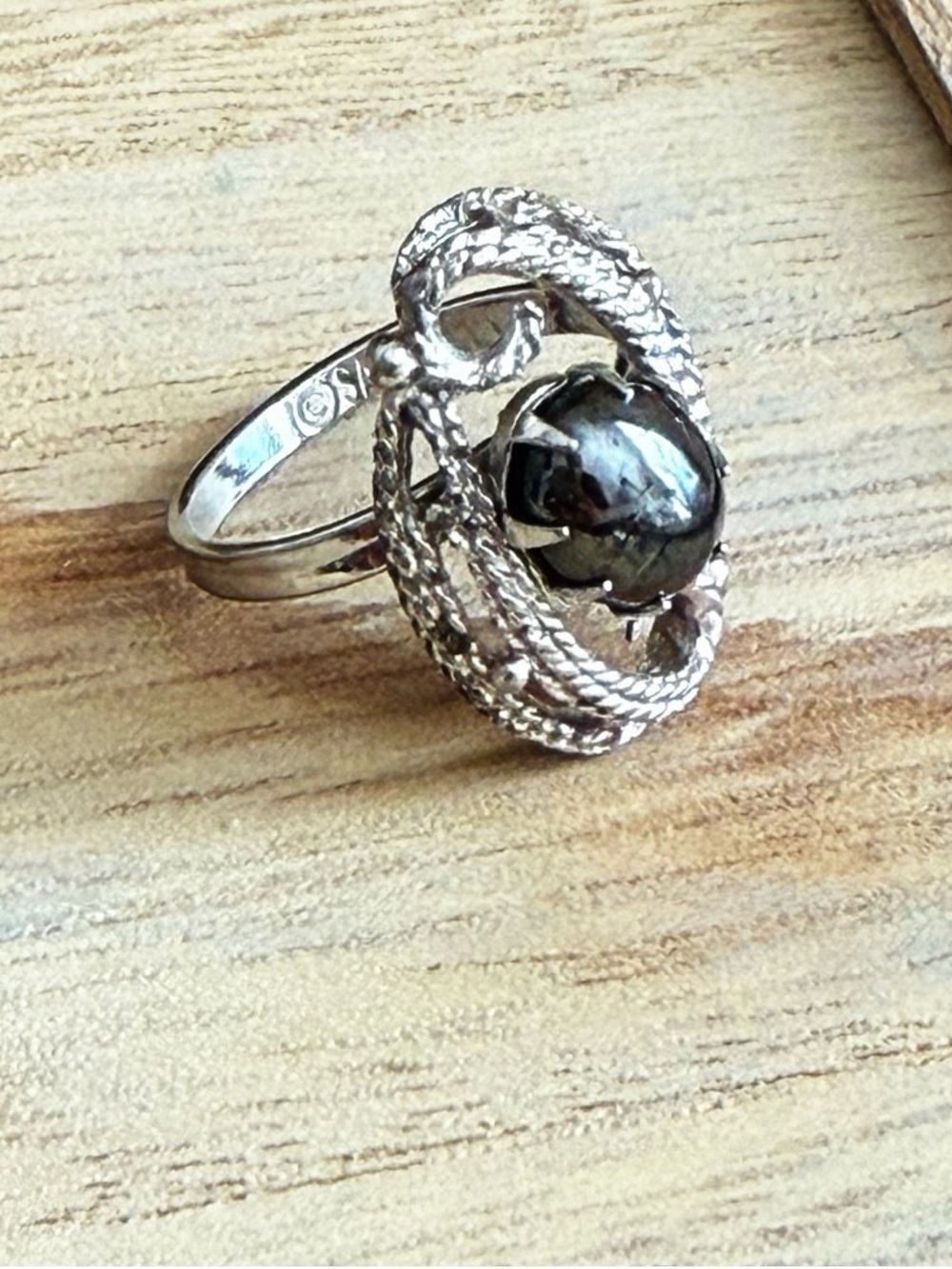 Vintage 1971 Sarah Coventry Ebb Tide Hematite Cabochon Ring Adjustable Signed - Picture 2 of 11